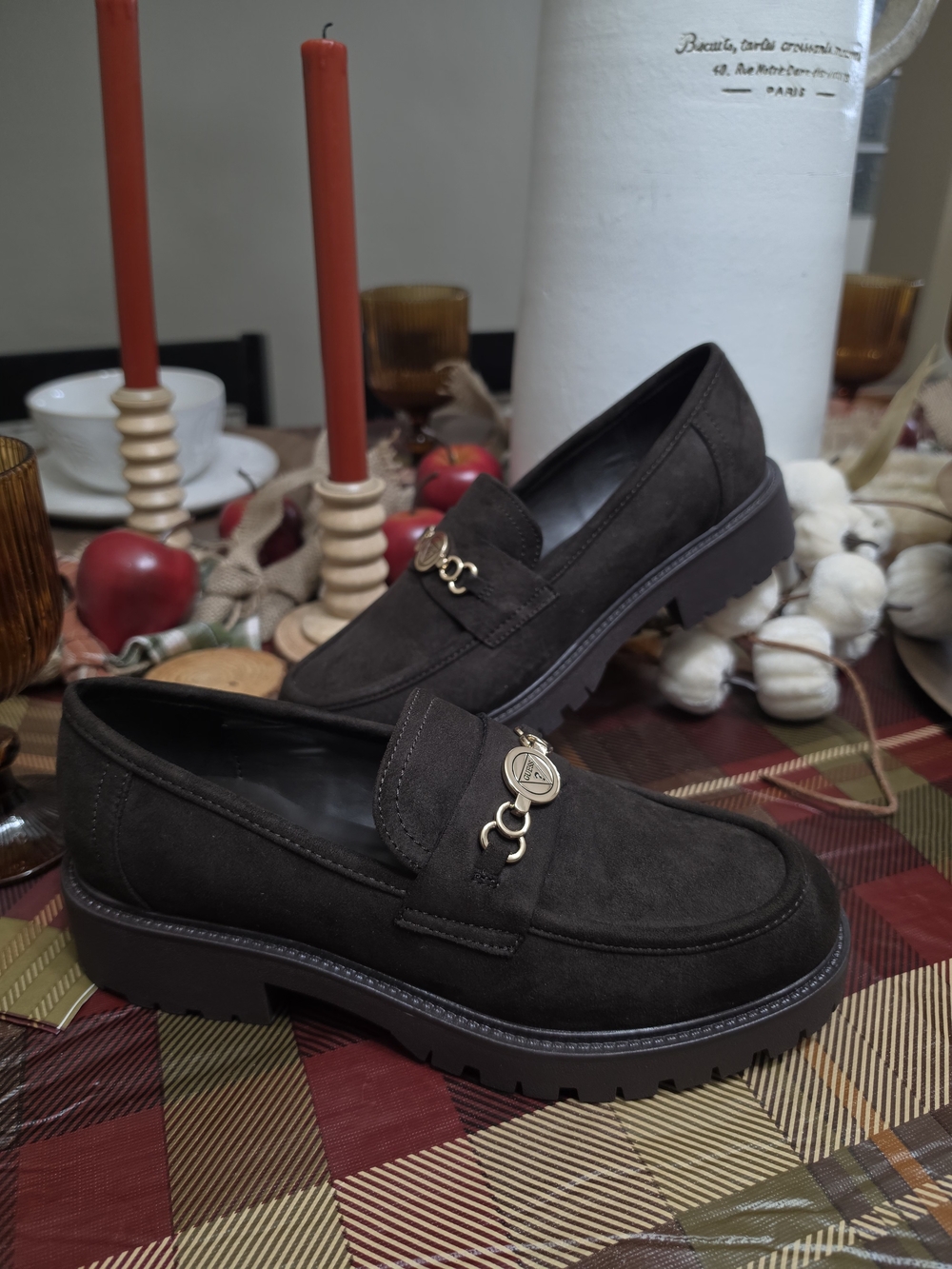Women's Guess Dark Brown Suede Loafers with Gold Bit Detail